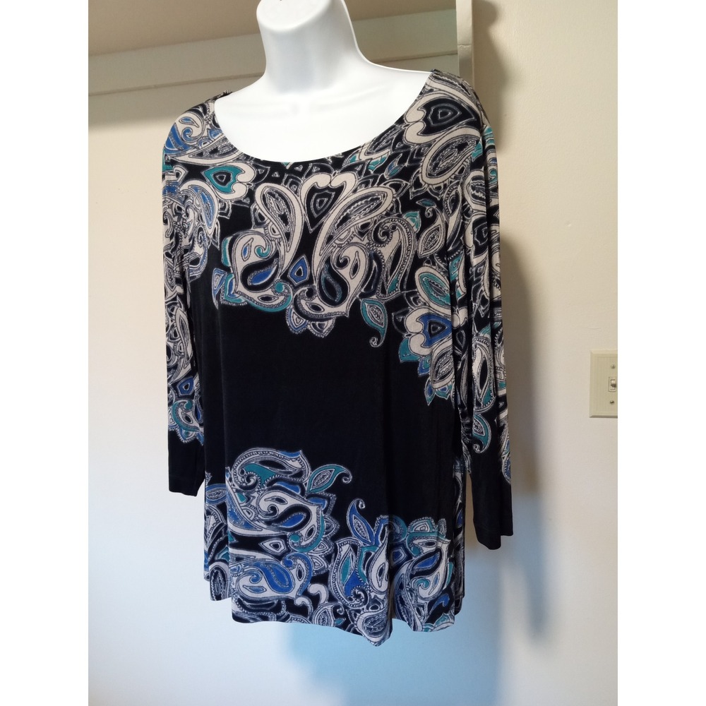 Chicos Black Paisley Border Print Tunic Top 3/4 Sleeve Scoop Neck Blue‎ Teal 2 L